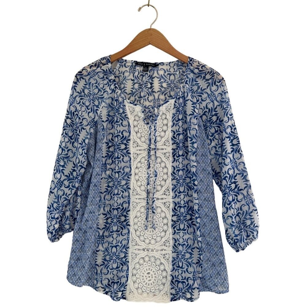 Zac and Rachel Womens Size S Blue White Boho Peasant Blouse 3/4 Sleeve Lace Trim